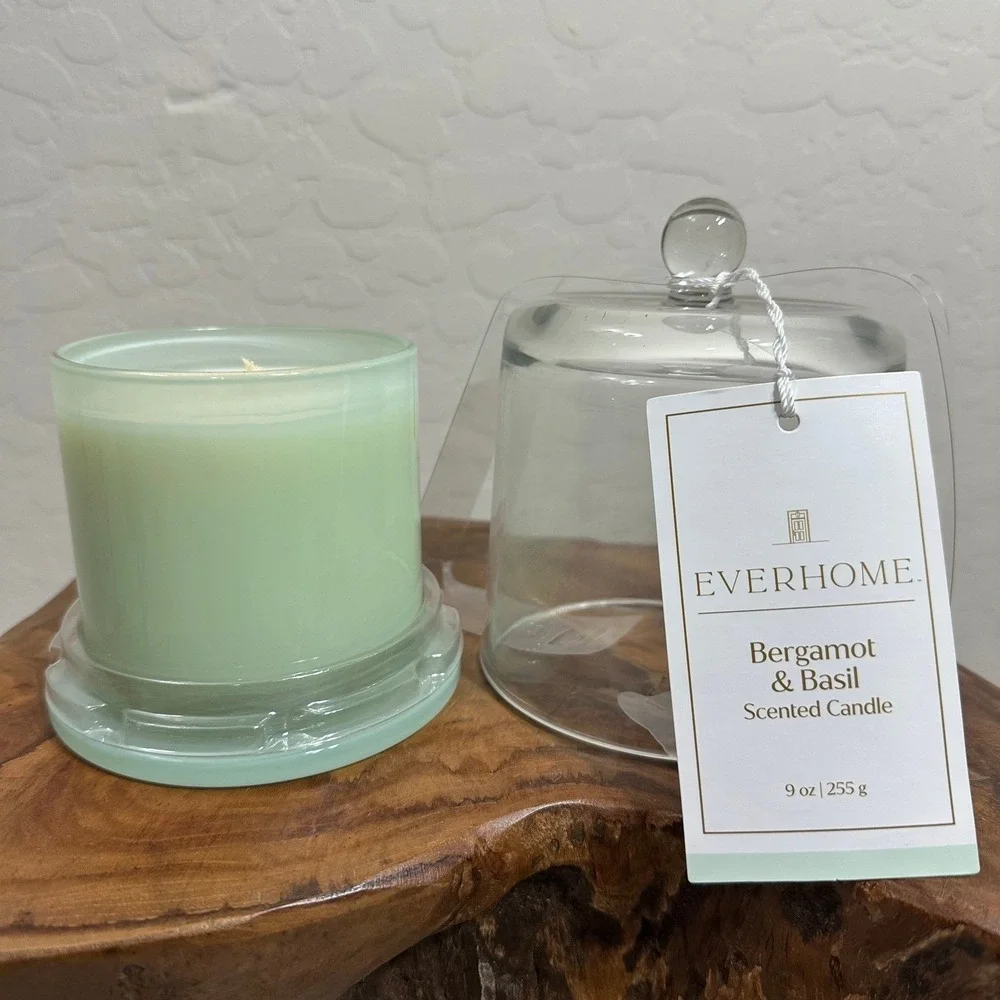 Everhome Bergamot & Basil Scented Candle 9oz with Glass Cloche Mint Green Jar